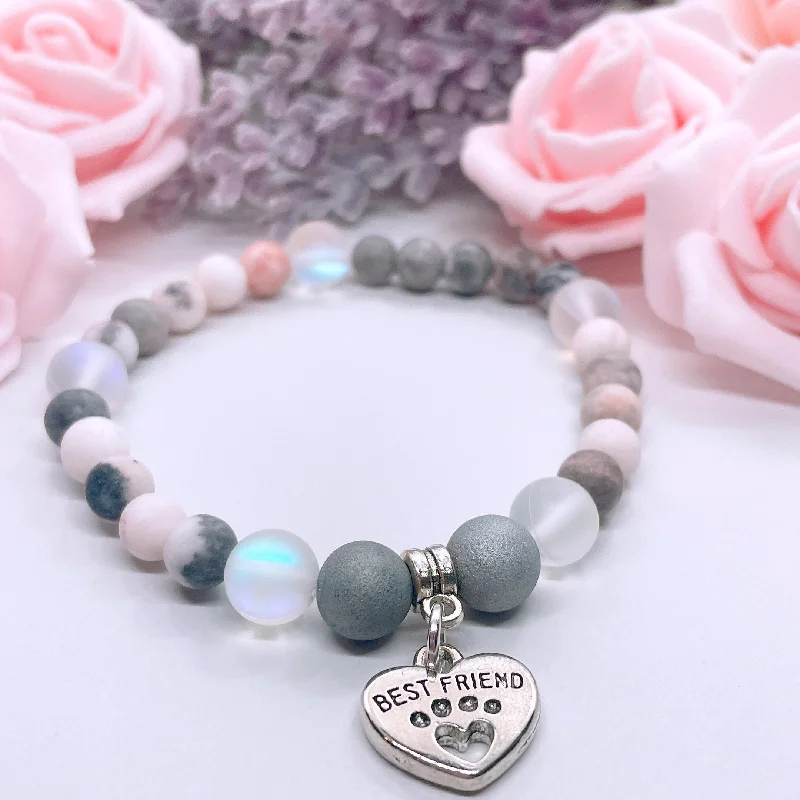 adjustable silver bracelet with meaningful quote-Best Friend Heart Pet Paw Companion Charm Bracelet Druzy