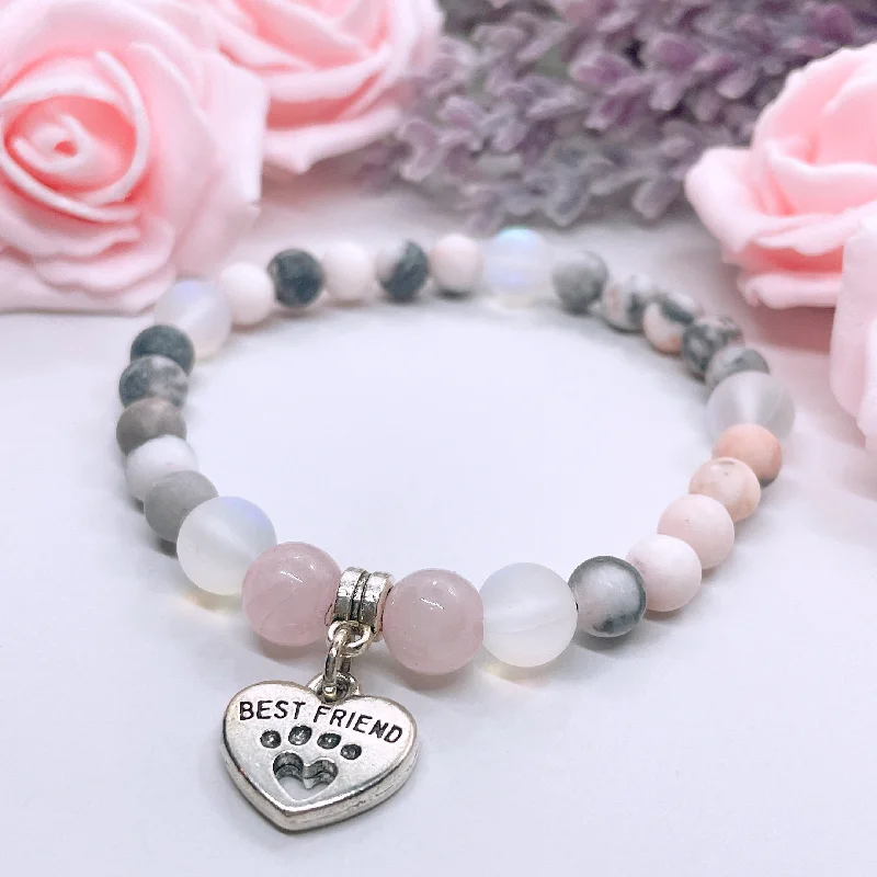 silver bracelet with engraved coordinates for location-Best Friend Heart Pet Paw Companion Charm Bracelet Rose Quartz