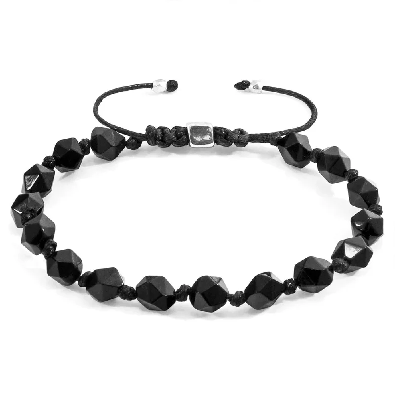 silver bracelet with spiritual charm for healing-Black Agate Beaded Macramé Adjustable Bracelet - "Zebedee"