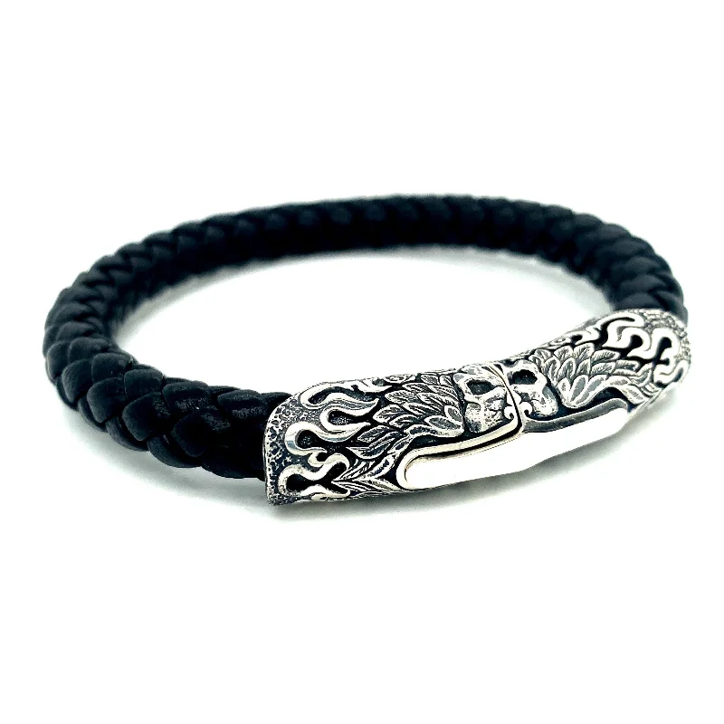 personalized silver bracelet with meaningful engraving for gift-Braided Black Leather Bracelet - "Ramble On"