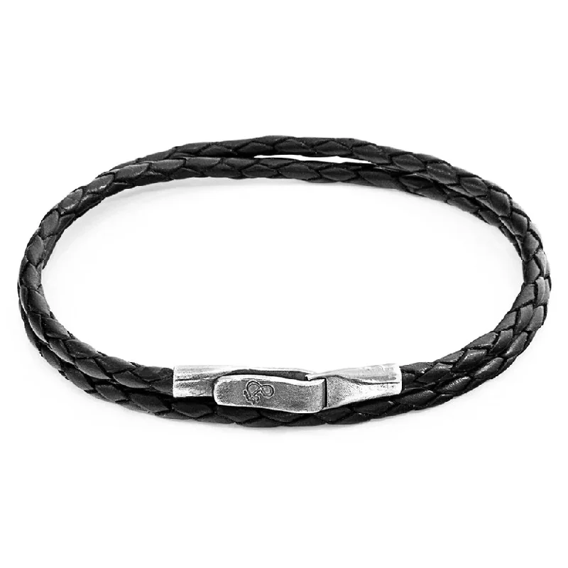 bohemian leather bracelet with charms for spiritual healing-Braided Black Leather Bracelet - "Liverpool"