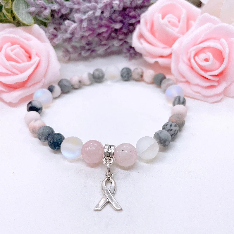 custom silver bracelet for personalized birthday gift-Cancer Ribbon Companion Charm Bracelet Rose Quartz