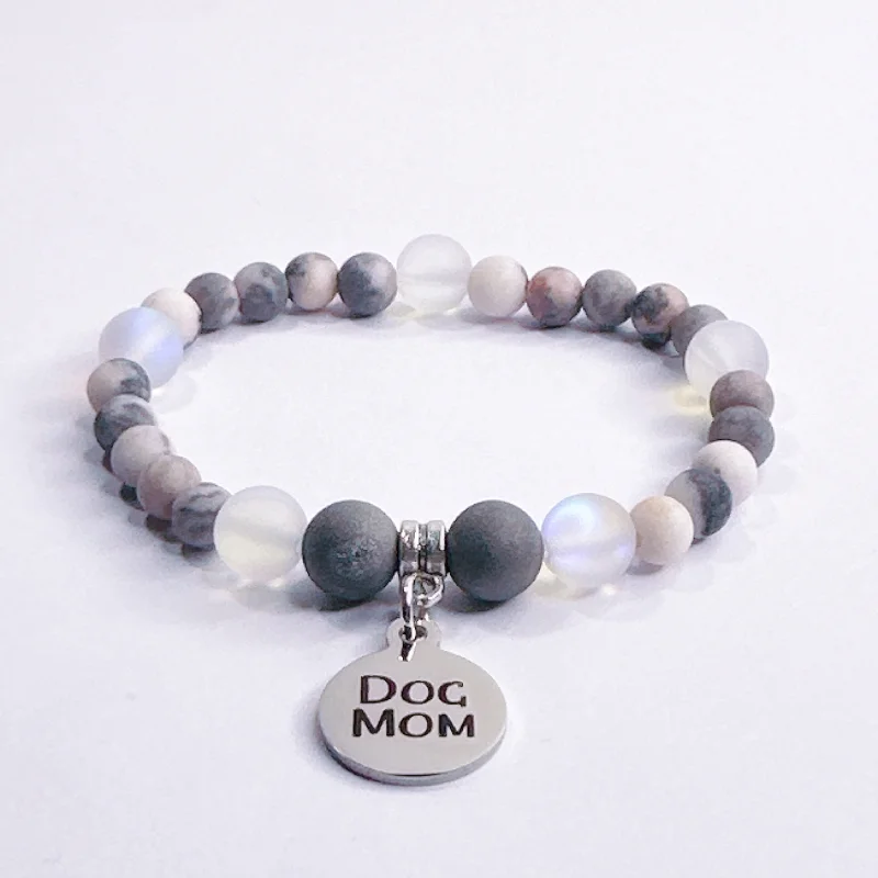 silver bracelet with message engraving for meaningful gift-Dog Mom Companion Charm Bracelet Druzy