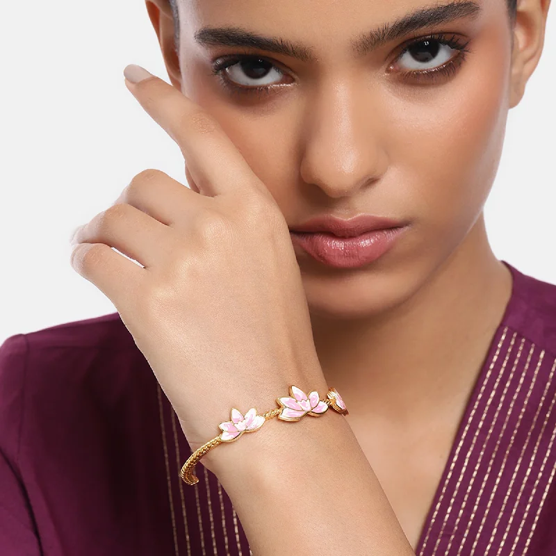 personalized silver bracelet with engraved message for love-Estele Gold Plated Charming Lotus Designer Cuff Bracelet with Pink Enamel for Girl's & Women