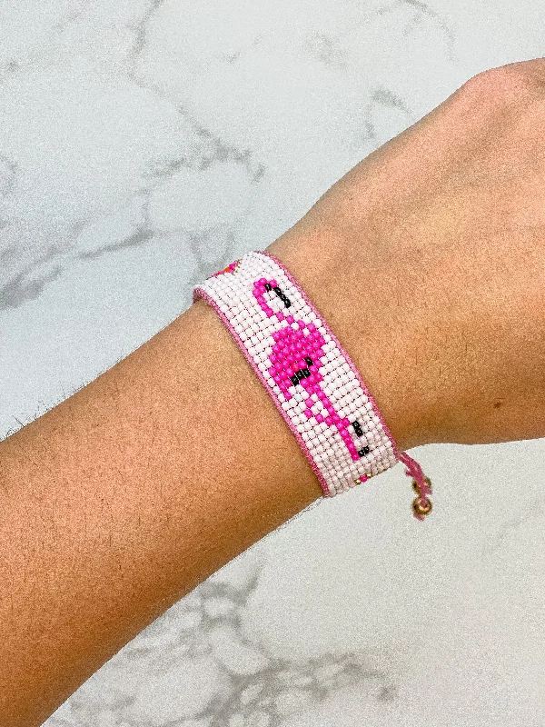 custom silver bracelet for couples with special message-Flamingo Beaded Adjustable Bracelet - Pink