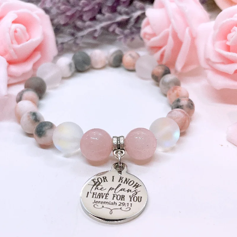 silver bracelet with engraved symbols for protection-For I Know the Plans I Have for You Classic Charm Bracelet Rose Quartz