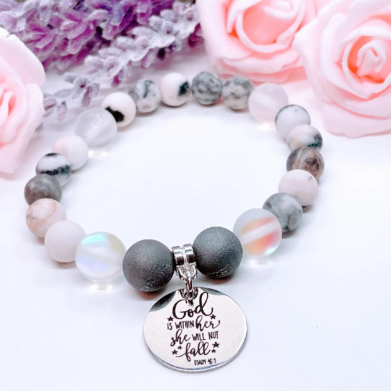 personalized silver bracelet for couples with engraved message-God Is Within Her She Will Not Fall Classic Charm Bracelet Druzy