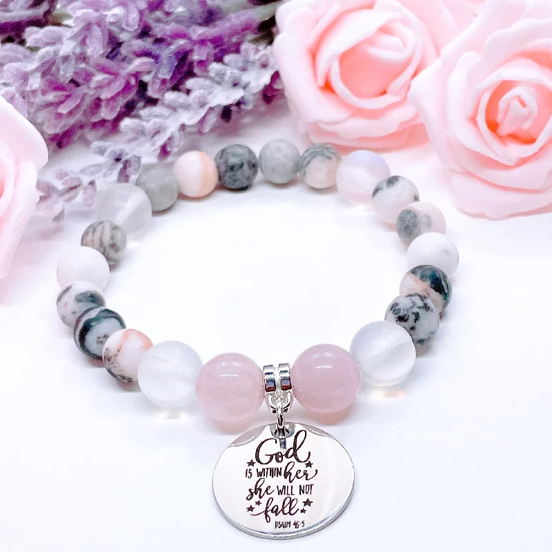 custom silver bracelet with coordinates for adventure lovers-God Is Within Her She Will Not Fall Classic Charm Bracelet Rose Quartz