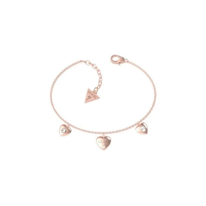 adjustable silver bracelet with gemstone charms-Guess Is For Lovers Multi Hearts Chain Rose Gold Bracelet UBB70039-L