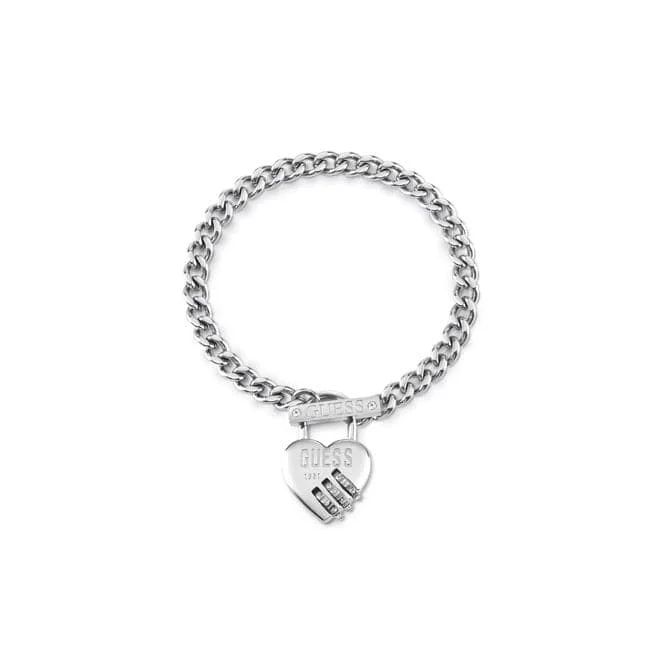 men’s custom leather bracelet with personalized design-Lock Me Up Heart Padlock T-Bar Silver Bracelet UBB20056-L