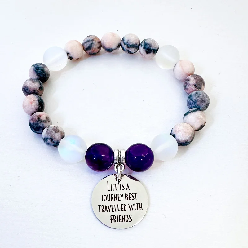 charm bracelet with family tree charm for sentimental gift-Life is a Journey Best Traveled with Friends Classic Charm Bracelet Amethyst