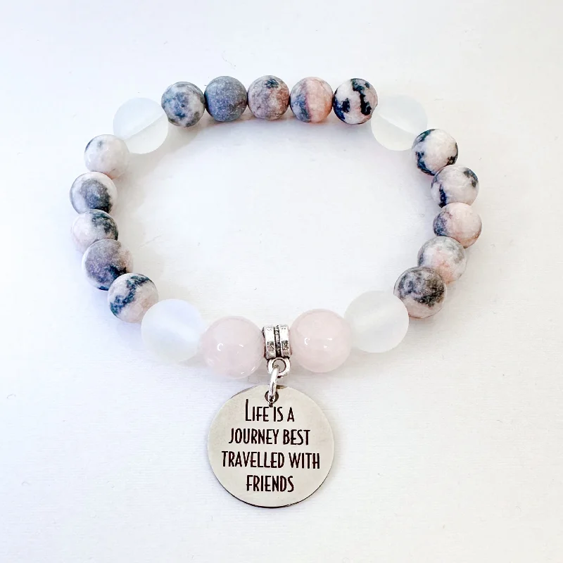 personalized silver bracelet for special gift with engraving-Life is a Journey Best Traveled with Friends Classic Charm Bracelet Rose Quartz