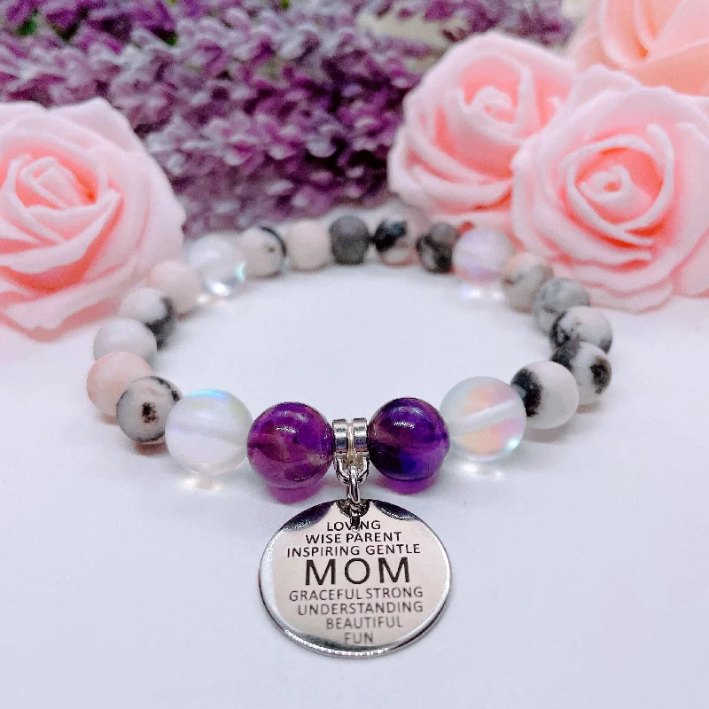 silver bracelet with engraved coordinates for location-Mom Sentiments Classic Charm Bracelet Amethyst