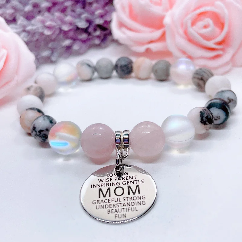 boho-style bracelet with coin charms for free spirits-Mom Sentiments Classic Charm Bracelet Rose Quartz