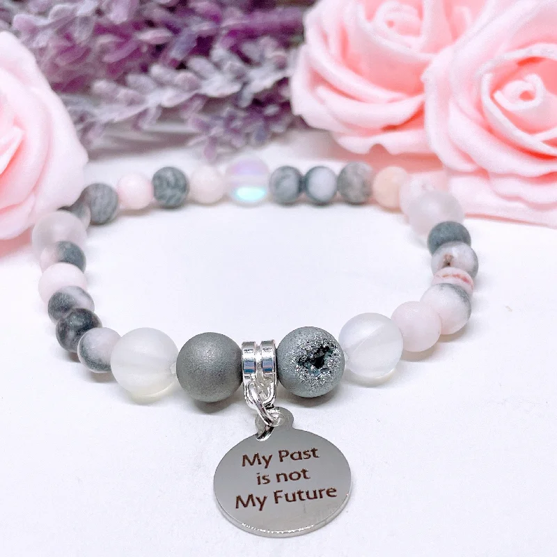 personalized leather bracelet for him with engraving-My Past is Not My Future Companion Charm Bracelet Druzy