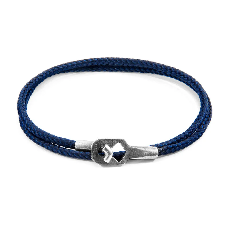 custom silver bracelet with motivational quote-Navy Blue Braided Cord Bracelet - "Tenby"