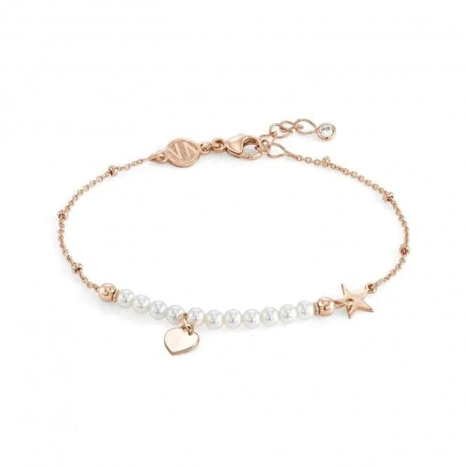 silver bracelet with gemstones and charm for good luck-Melodie Pearls Silver White Pearls Rose Gold Heart Bracelet 147710/002