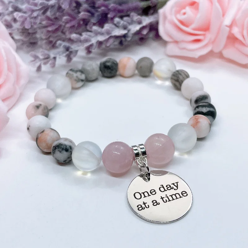 luxury silver bracelet with diamonds and engraving-One Day at a Time Charm Bracelet Rose Quartz