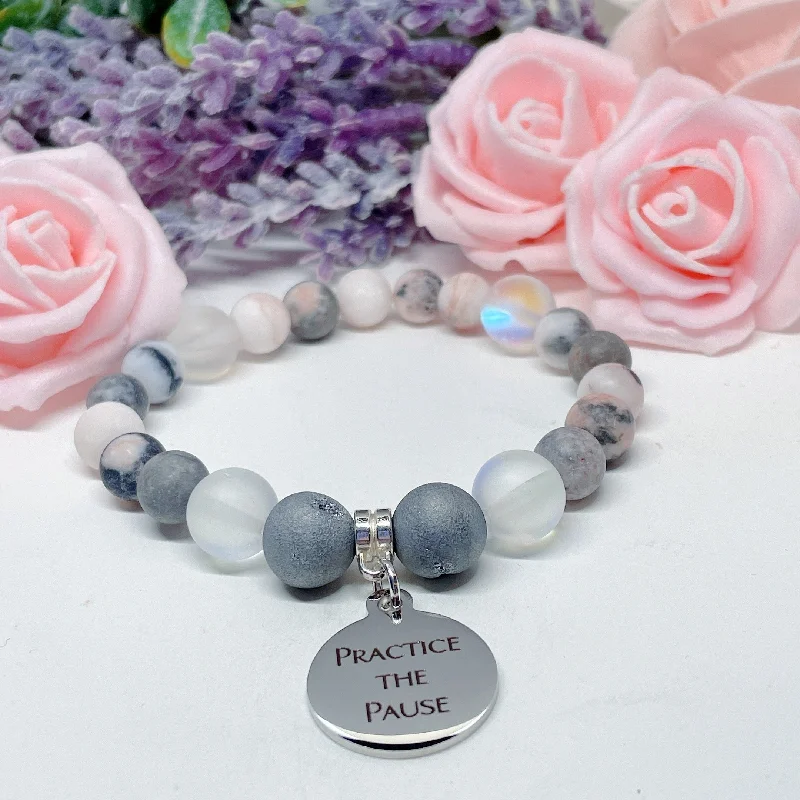 custom charm bracelet with meaningful word for her-Practice the Pause Classic Charm Bracelet Druzy