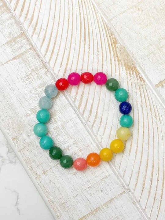 custom bracelet for anniversary with engraved message-Semi Precious Stretch Beaded Bracelet - Rainbow