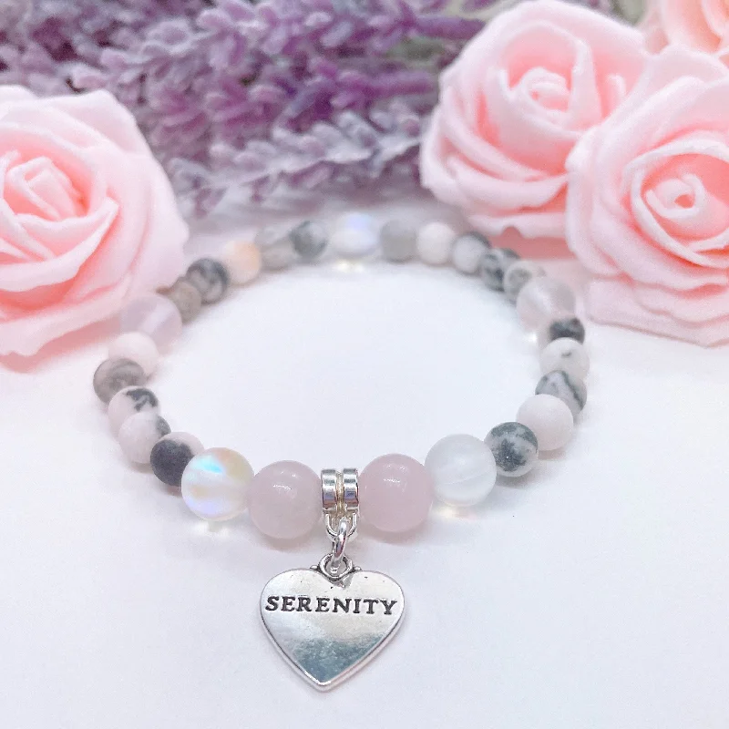 custom silver bracelet for meaningful gift with engraving-Serenity Heart Companion Charm Bracelet Rose Quartz