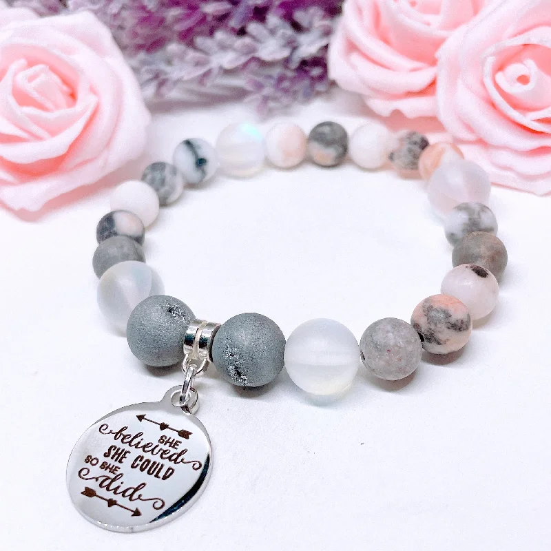 silver bracelet with engraved symbols for protection-She Believed She Could So She Did Classic Charm Bracelet Druzy