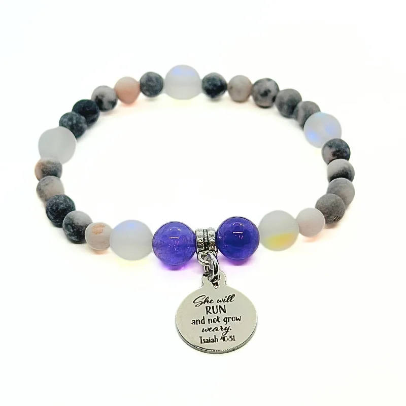 custom silver bracelet with personalized charms for friends-She Will Run and Not Grow Weary Companion Charm Bracelet Amethyst