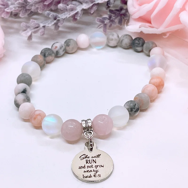 gold bracelet with engraved message for special moments-She Will Run and Not Grow Weary Companion Charm Bracelet Rose Quartz