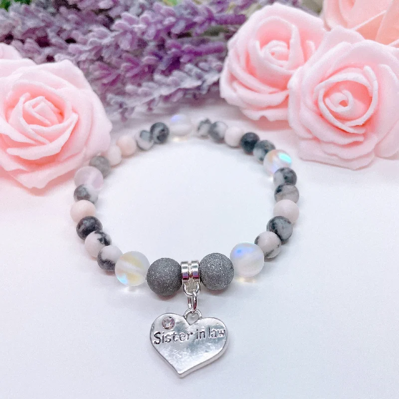 luxury bracelet with custom charms and gemstones-Sister-In-Law Heart Companion Charm Bracelet Druzy