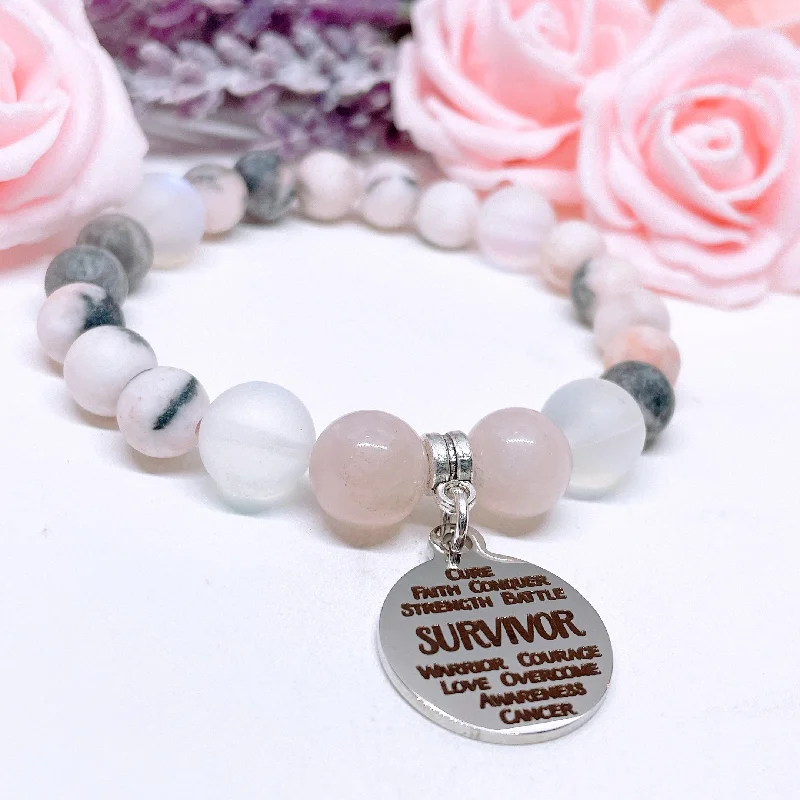 personalized bracelet for graduation gift with engraving-Survivor Sentiments Classic Charm Bracelet Rose Quartz