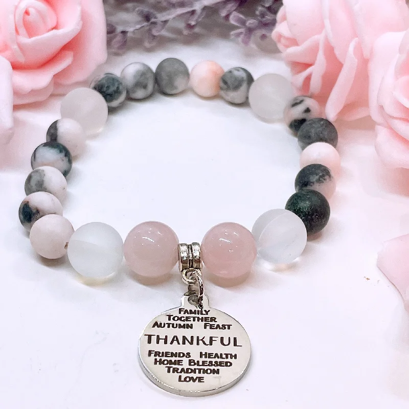 boho-inspired bracelet with silver beads and charms-Thankful Sentiments Classic Charm Bracelet Rose Quartz