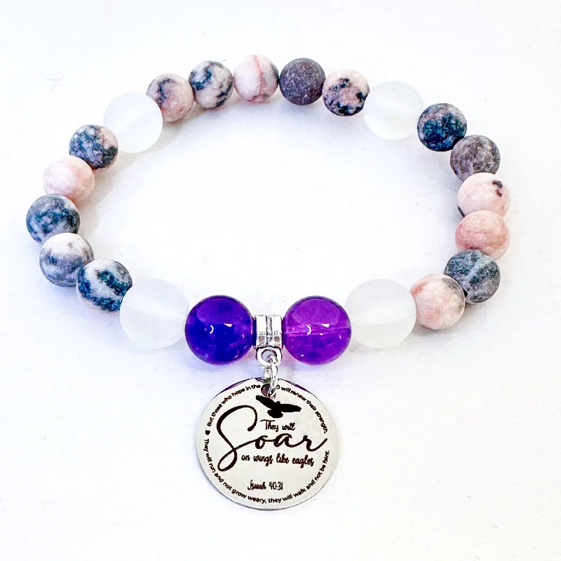 personalized bracelet with engraved quote for motivation-They will Soar on Wings like Eagles Isaiah 40:31 Classic Charm Bracelet Amethyst