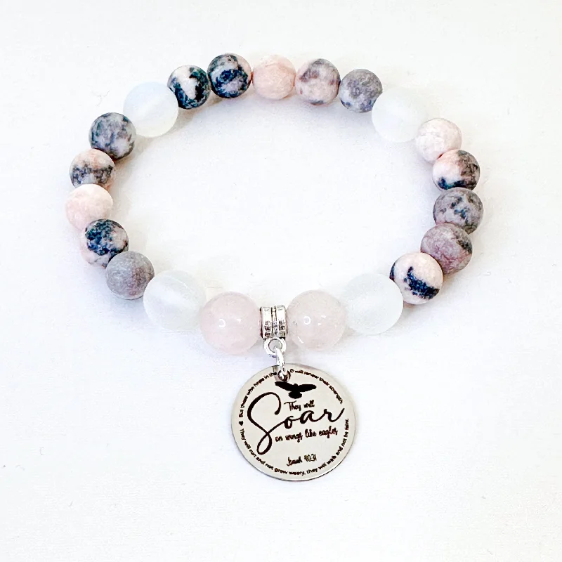 silver bracelet with multi-colored gemstone for positivity-They will Soar on Wings like Eagles Isaiah 40:31 Classic Charm Bracelet Rose Quartz