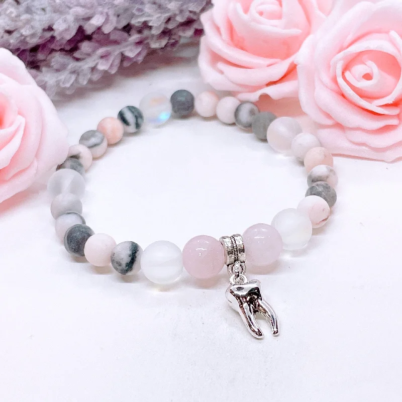 boho bracelet with gemstone and metal charms-Tooth Companion Charm Bracelet Rose Quartz