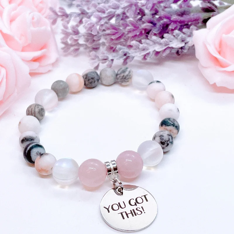 charm bracelet with lotus and butterfly charms for healing-You Got This Classic Charm Bracelet Rose Quartz