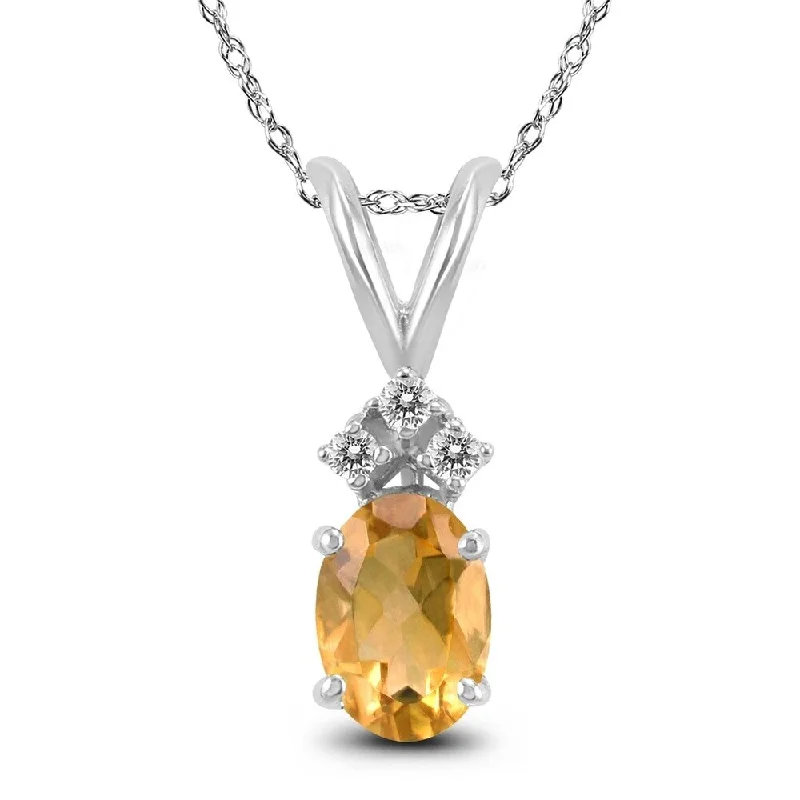 custom silver moon pendant necklace -14K White Gold 8x6MM Oval Citrine and Diamond Pendant