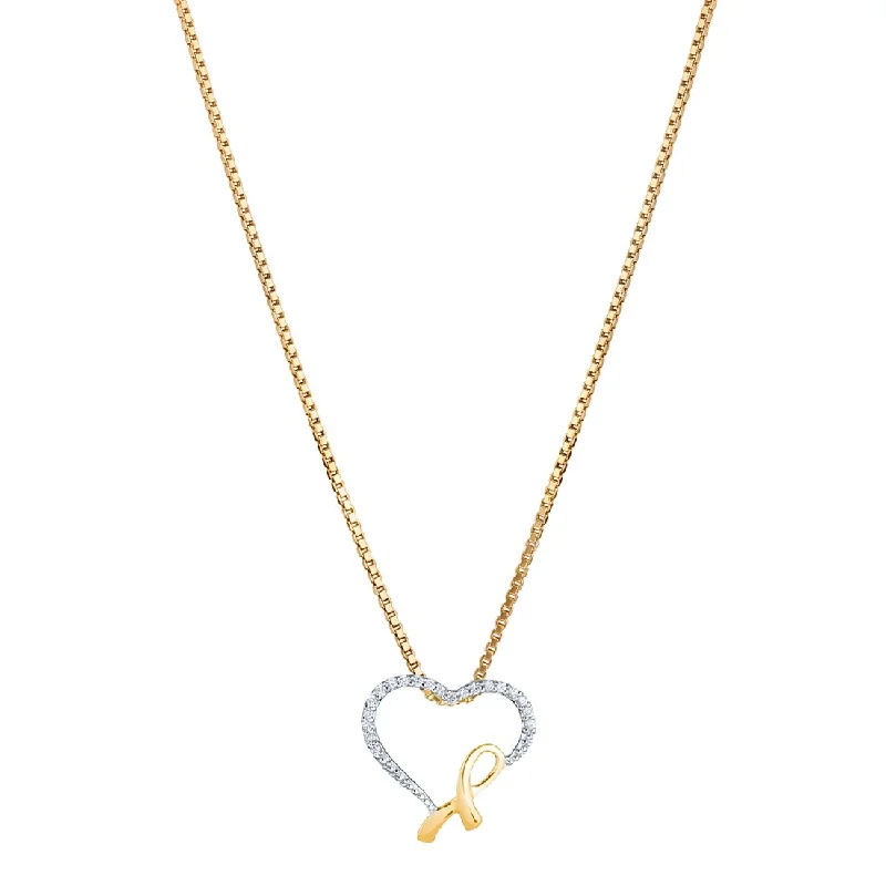 boho gold pendant necklace -Diamond Heart Ribbon Promise Pendant Necklace 14K Yellow Gold