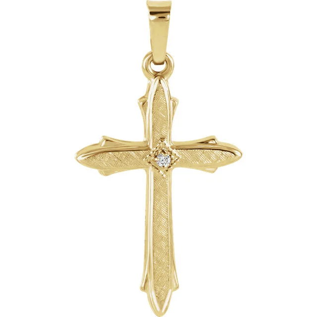 custom gemstone necklace with pendant silver -Accented Fitchee Round Diamond Solitaire Hollow Cross in 14 Karat Yellow Gold