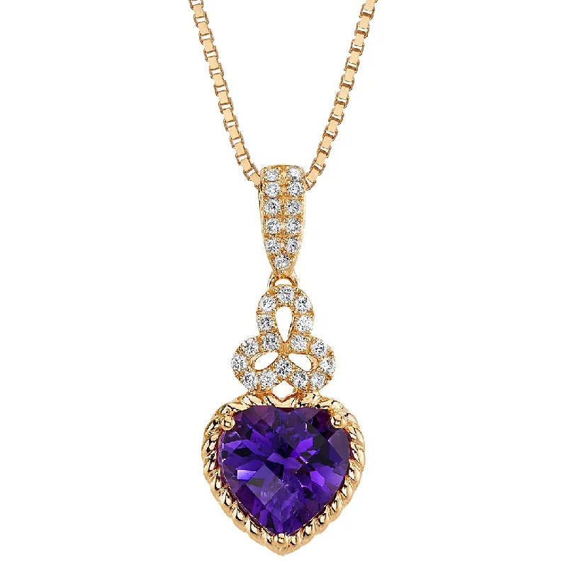 large heart pendant necklace for women -Heart Shape Amethyst and Diamond Trinity Pendant Necklace 14K Rose Gold 2.50 Carats