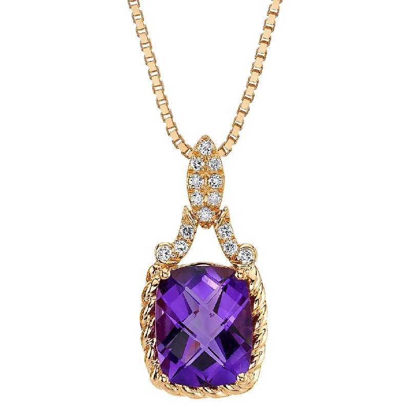 engraved gold pendant necklace -Cushion Cut Amethyst and Diamond Cable Halo Pendant Necklace 14K Rose Gold 3 Carats