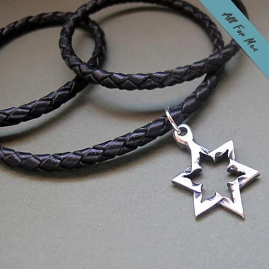 boho pendant necklace with crystal -Braided Leather Necklace with Star Of David Pendant for Men