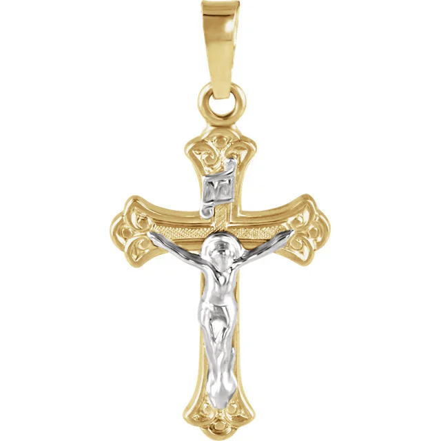 long crystal pendant necklace silver -Budded INRI Crucifix Cross Pendant in Solid 14 Karat Two Tone Gold