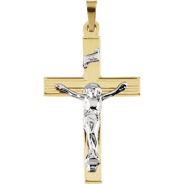 custom pendant necklace for brides -Carved INRI Two Tone Crucifix Cross Pendant in Solid 14 Karat Gold