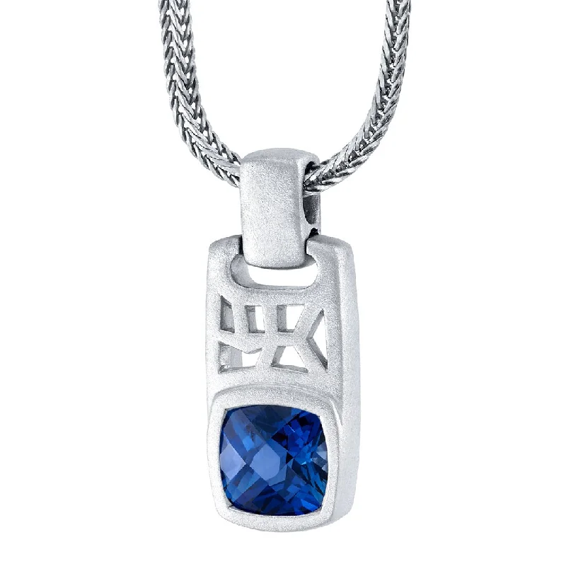 personalized necklace with moon pendant -Cushion Cut Blue Sapphire Tag Pendant Necklace for Men Sterling Silver 4.50 Carats