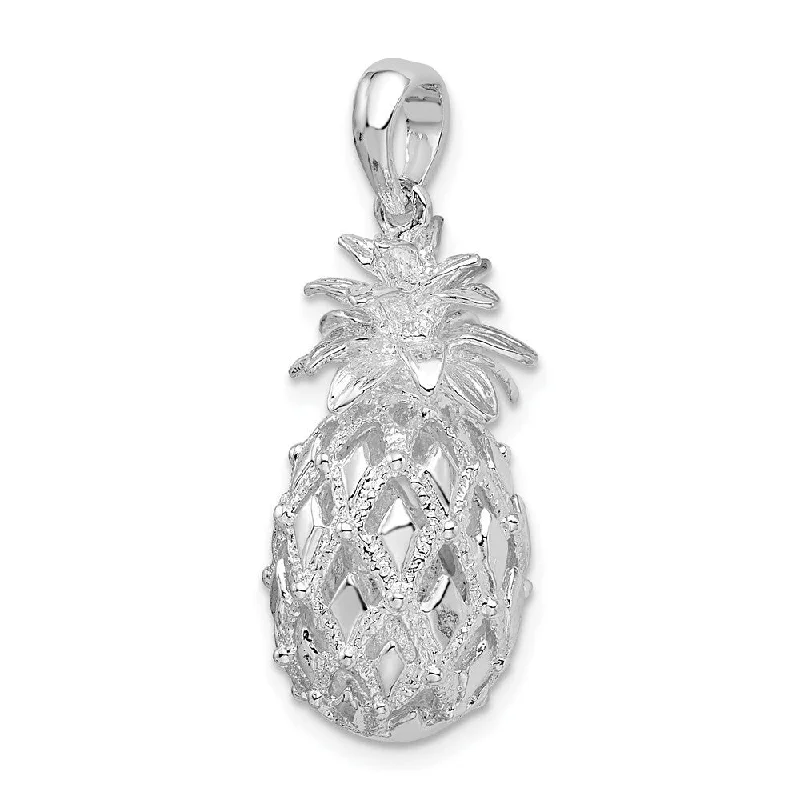 silver pendant necklace with gemstone gold -Diamond2Deal 925 Sterling Silver 3D Cut-out Large Pineapple Pendant (L-33mm, W-13mm)