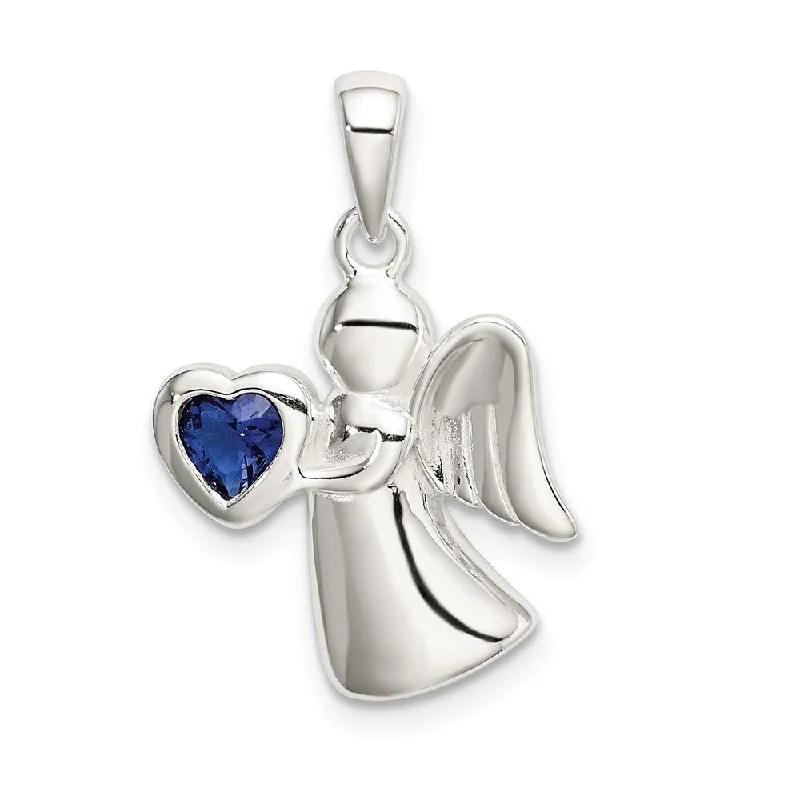 engraved gold pendant necklace -Diamond2Deal 925 Sterling Silver Angel with Dark Blue CZ Heart Pendant (L- 25 mm, W- 15 mm)