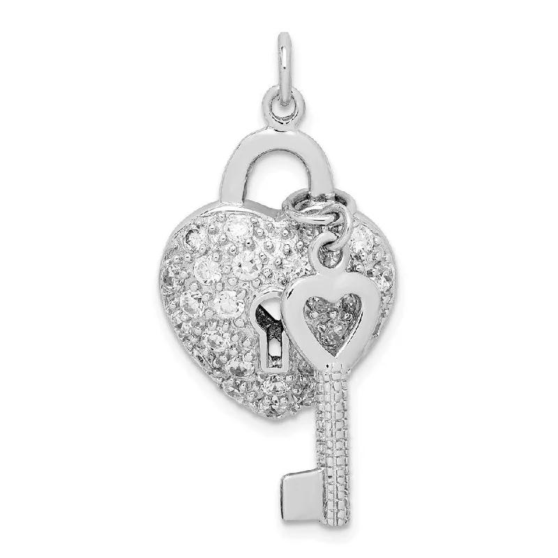 celestial pendant necklace for women -Diamond2Deal 925 Sterling Silver Rhodium-plated Cubic Zirconia Heart Lock and Key Pendant