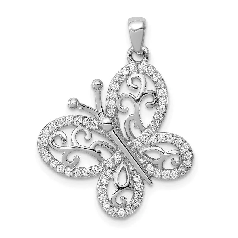 silver crystal pendant necklace gold -Diamond2Deal 925 Sterling Silver Rhodium-plated Polished CZ Butterfly Pendant