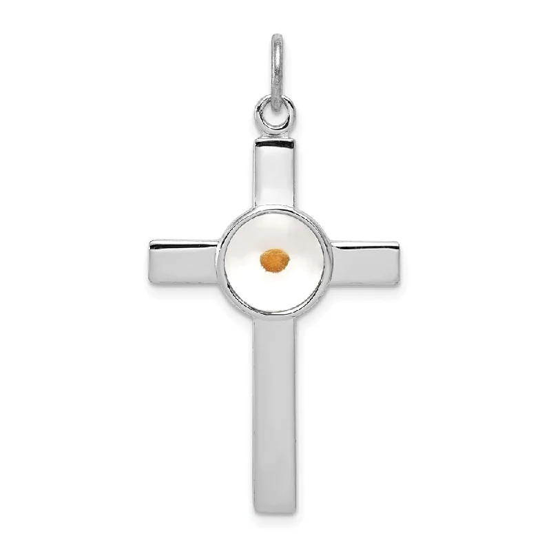 crystal bar pendant necklace silver -Diamond2Deal 925 Sterling Silver Rhodium-plated Polished Epxy Cross with Mustard Seed Pendant (L- 36 mm, W- 21 mm)