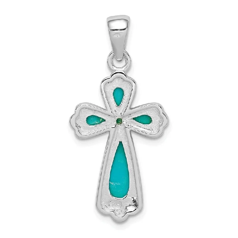 personalized silver gemstone pendant -Diamond2Deal 925 Sterling Silver Rhodium-plated Polished Imitation Turquoise Cross Pendant